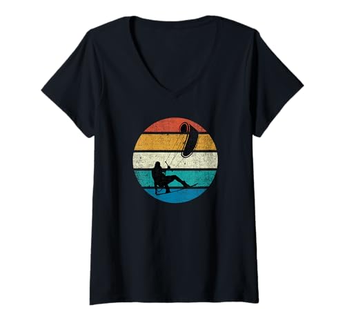 Damen Kiteboarding Kiteboard Kitesurfen Vintage Sonnenuntergang T-Shirt mit V-Ausschnitt Damen Kiteboarding Kiteboard Kitesurfen Vintage Sonnenuntergang T-Shirt mit V-Ausschnitt von Kiteboarding Items MAGS