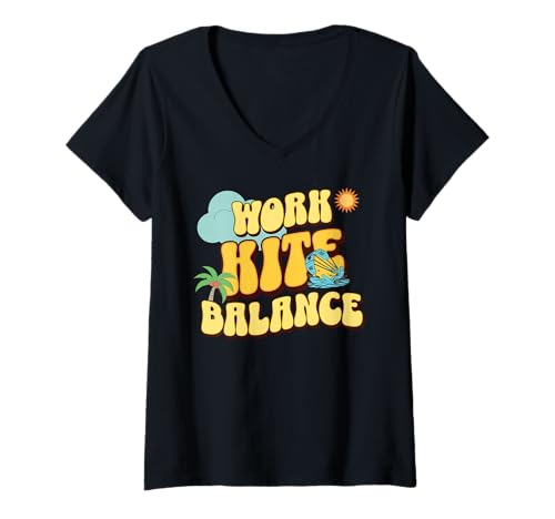 Damen Work Kite Balance Lustige Kitesurfing-Lifestyle-Grafik T-Shirt mit V-Ausschnitt Damen Work Kite Balance Lustige Kitesurfing-Lifestyle-Grafik T-Shirt mit V-Ausschnitt von Kiteboarding Remote Life Beach Work Surf Club