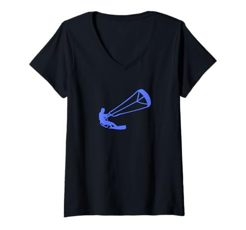 Damen Blue Kitesurfing Silhouette Extremer Wassersport T-Shirt mit V-Ausschnitt von Kitesurfing Silhouette Surfing Ocean Sports
