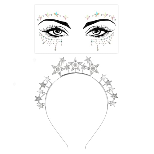 Haarreif Sterne Silber, Strasssteine Haarband Silber Stirnband + Glitzer Gesicht Sticker, Damen Sternen Strass Perlen Haarband Haarschmuck, Glitzer Haarschmuck für Karneval Kostümparty Musikfestival von Kitimi