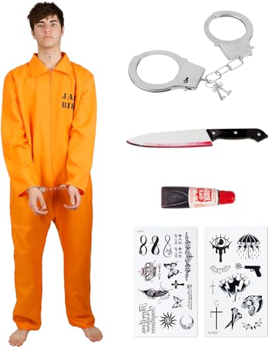Häftling Kostüm Herren, Sträfling Kostüm Herren Damen, Orange GefäNgnis kostüm, Orange Prisoner Overall, Halloween Gefangener Overall Knast Prisoner Cosplay Outfit Karneval Party Deko für Erwachsene von Kitimi