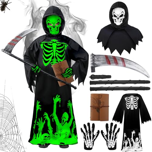 Halloween Kostüm Kinder 5 Stück Leuchtenden Sensenmann Kostüm Mit Kapuze Sense Handschuhen, Jungen Mädchen Sensenmann Fancy Dress Kostüme für Halloween Karneval Fasching Mottoparty Cosplay von Kitimi