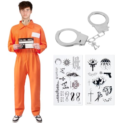 Halloween Sträfling Kostüm, Häftling Kostüm Herren Damen, Gefängnis kostüm Orange Prisoner Costume Verbrecher Overall Gefangener Overall Knast Jumpsuit Cosplay Outfit Karneval Party für Erwachsene von Kitimi