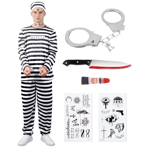 Halloween Sträfling Kostüm, Häftling Kostüm Herren Gefängnis kostüm Weiß und Schwarz Prisoner Costume Verbrecherkostüm Gefangener Outfit Knast Kleidung Cosplay Outfit Karneval Party für Erwachsene von Kitimi