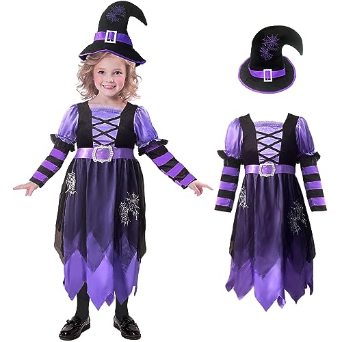 Hexenkostüm für Kinder - Halloween Kostüm Mädchen, Karneval Fasching Hexe Mit Hexenhut, Hexenkleid Geeignet für 4-12 Jahre von Kitimi
