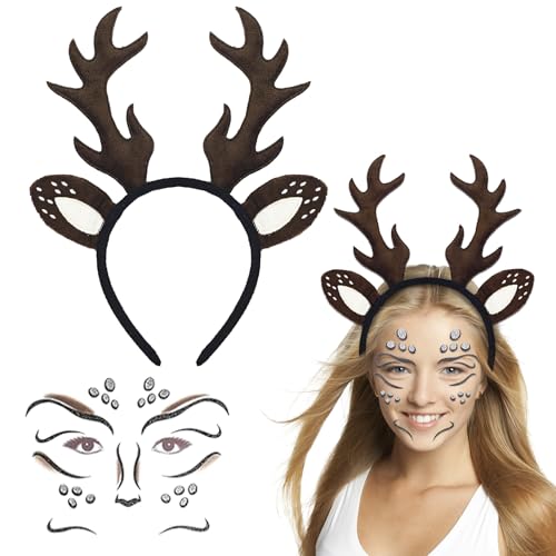 Karneval Rentier Haarreif Erwachsene Kinder 2 Stück Geweih Haarreif Haarreifen, Haarreif Reh+ Reh Gesichtstattoo, Haarreif Accessoires Haarschmuck für Kostüme Zubehör Cosplay Karneval Party von Kitimi