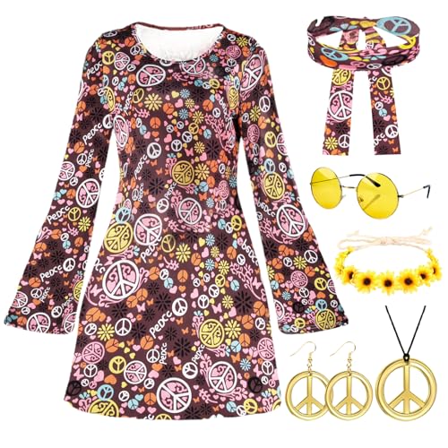 Kitimi Hippie Kostüm Damen: 60er 70er Jahre Disco Kostüm mit 7-teiligem Set, inkl. Hippie-Kleid, Accessoires und einzigartigem Flower-Power-Design für Damen, Retro-Interessierte und Disco-Fans von Kitimi