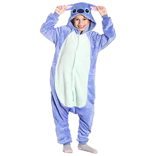 Kitimi Kinder Onesie Jumpsuit Schlafanzug Jungen Mädchen mit Kapuze, Tier Schlafoverall Anzug Pyjama Kleidung Outfit Fleece Sleepwear Kinder Kostüm Overall Cosplay Verkleidung Karneval Party Halloween von Kitimi