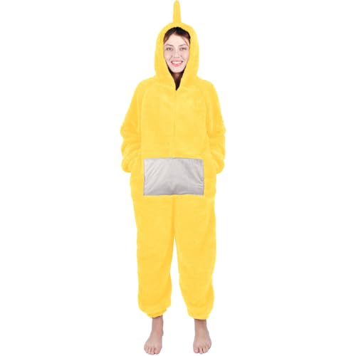 Onesie Kostüm Schlafanzug, Tele tubbies Onesie Kostüm Erwachsene mit Kapuze, Tier Jumpsuit Kostüm Erwachsene Cosplay Karneval Halloween Pyjama Weihnachten Party kuschelig Schlafanzüge für Damen von Kitimi
