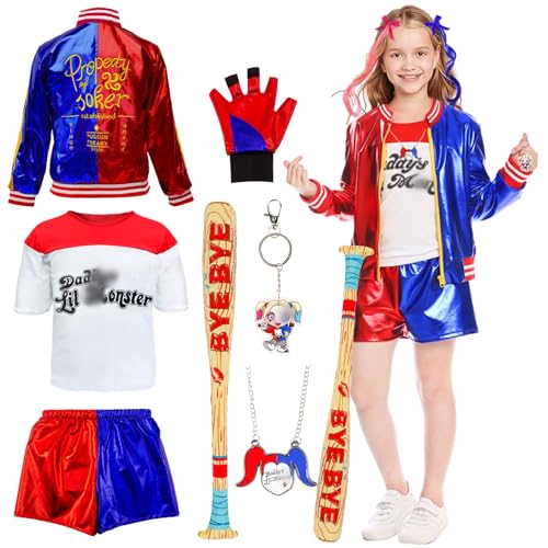 Quin Kostüm Kinder- Mädchen Suicide kostüm Bösewicht Clown Kostüm Set mit Jacke T-Shirt Shorts Handschuh Schlüsselanhänger Halskette für Halloween Faschings Karneval Weihnachten Cosplay Joker Kostüm von Kitimi