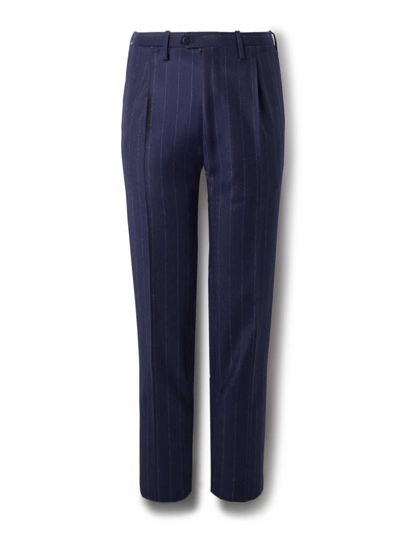 Kiton - Straight-Leg Pleated Pinstriped Virgin Wool and Cashmere-Blend Flannel Suit Trousers - Men - Blue - IT 46 von Kiton