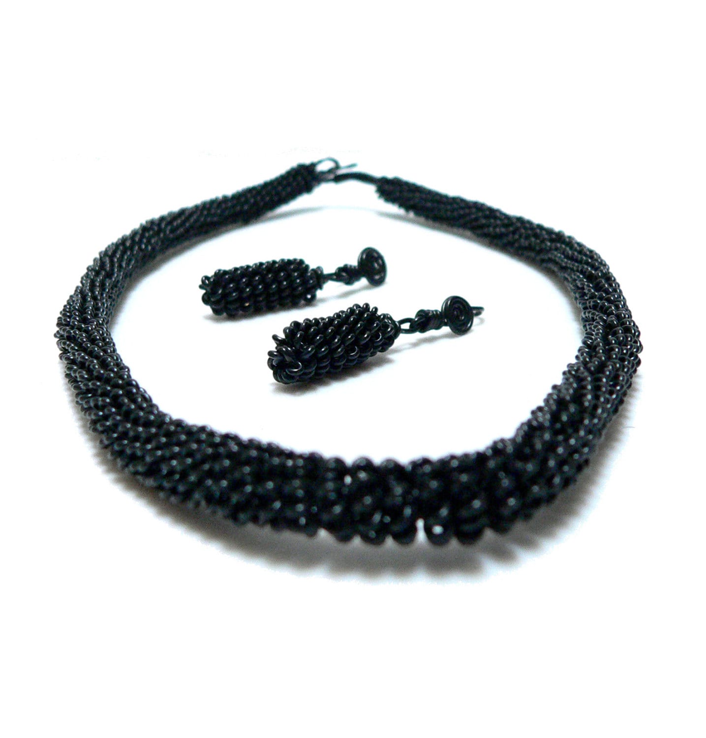 1930Er Jahre Tramp Kunst Gefängnis Halskette Demi Parure, Schmuck Art-Deco-Halskette-Set, Drahtarbeit Und Ohrringe, Vintage Handgefertigte Schwarze von Kitschtopia