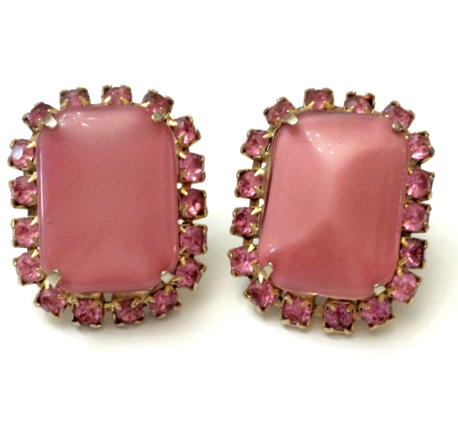 1960Er Jahre Kunst Glas Ohrringe, Große Rosa Satin Clip Ohrringe, Feminine Kostüm Schmuck, Vintage Juliana Strass Ohrringe Retro Schmuck von Kitschtopia