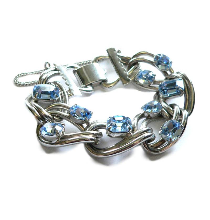 Blauer Kristall & Silber Armband, 1950Er Jahre Blauem Glas Strass Link-Armband, Schwere Braut Anweisung Hochzeit Jewelr von Kitschtopia