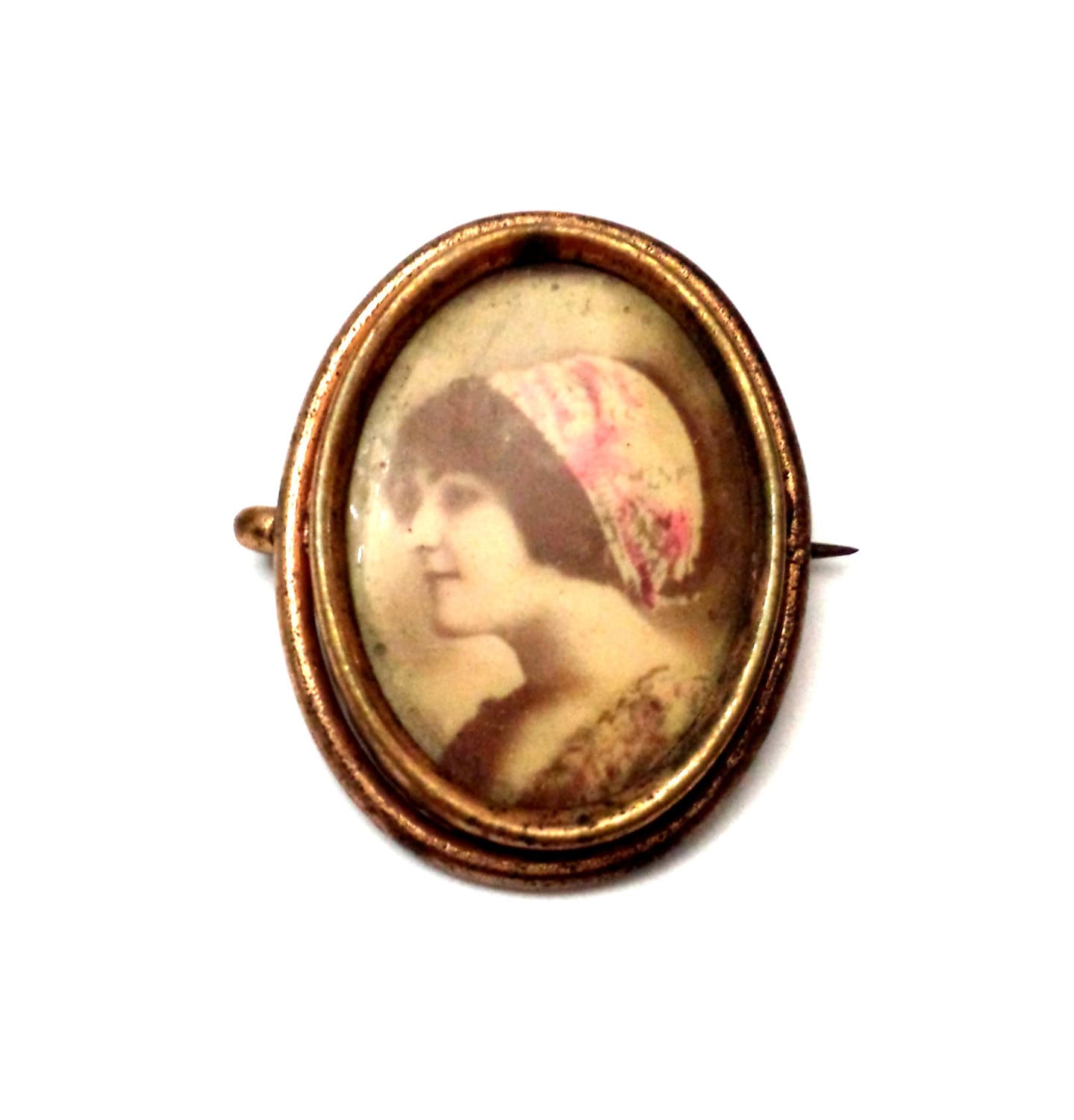 Edwardian Foto Brosche, Farbe Fotografie Gold Gefüllt Metall, Antike Getönte Pin, Schöne Frau Cameo Brosche Schmuck von Kitschtopia
