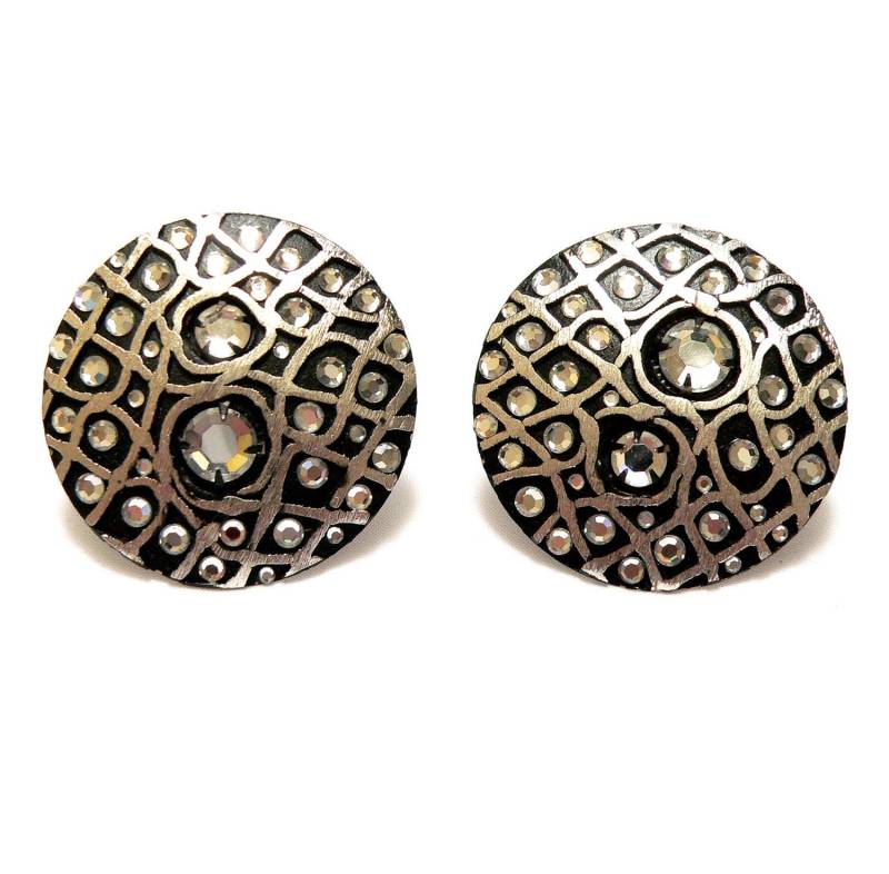 Große Strass Ohrringe, 1980Er Jahre Glam Schmuck, Jahrgang Swarovski Kristall Facettierten Glas Edelsteine Auf Japanned Metall, Ohrringe von Kitschtopia