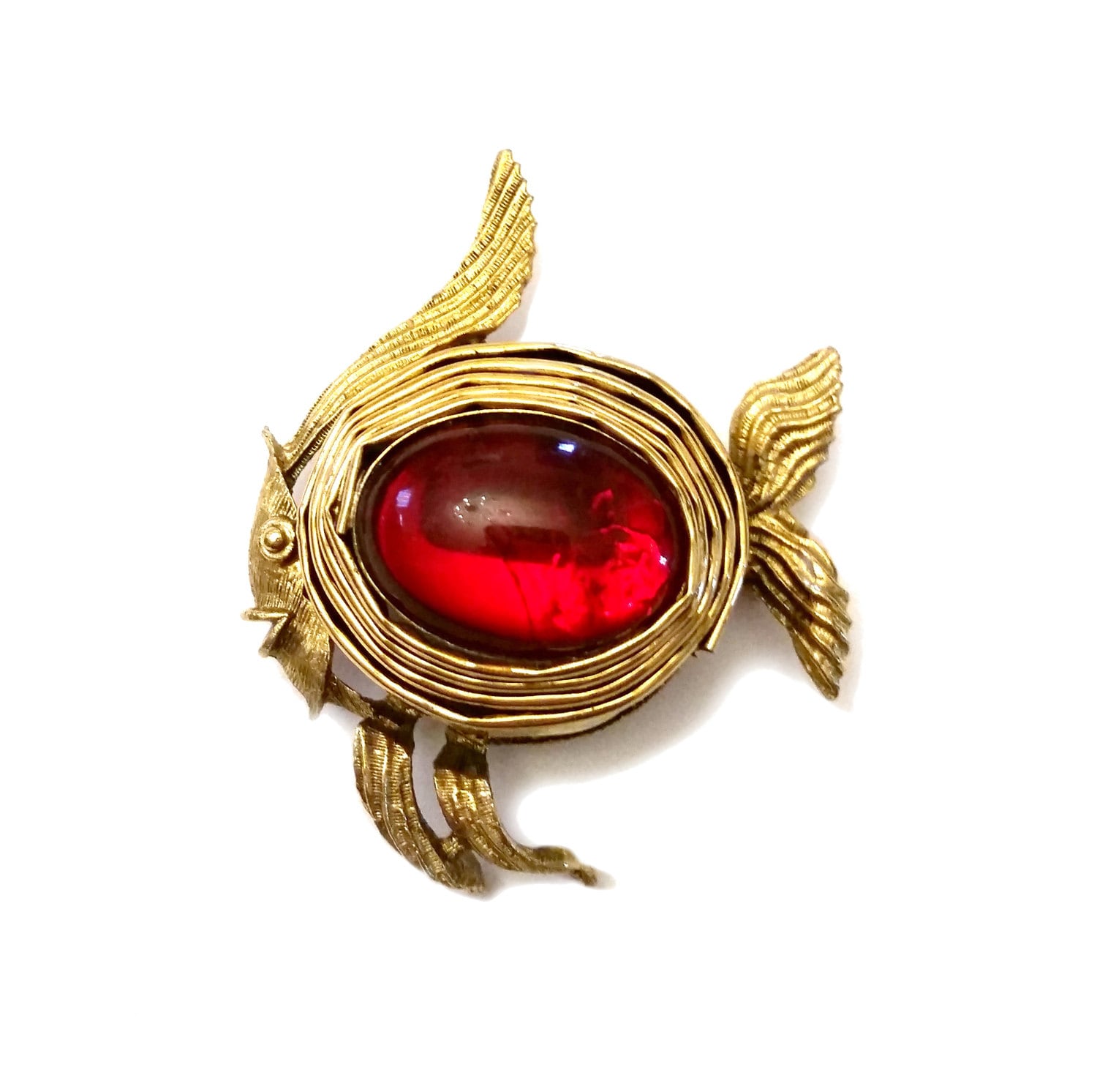 Seltene Hattie Carnegie Fisch Brosche, Gold Glas Qualle Bauch Schmuck, Vintage Designer Kostüm Schmuck Unsigned Tier Pin von Kitschtopia