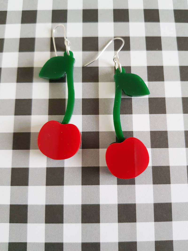 Rote Kirschen Ohrringe, Laser Cut Acryl Frucht Retro Kirschschmuck, Schmuck von KitschyBlingBoutique