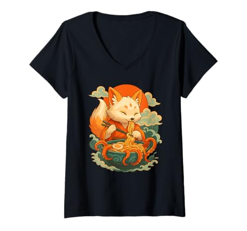 Damen Kitsune Fuchs isst Ramen Nudeln Japanisches Vintage T-Shirt mit V-Ausschnitt von Kitsune Fuchs Ramen Nudeln Retro Kawaii Shop