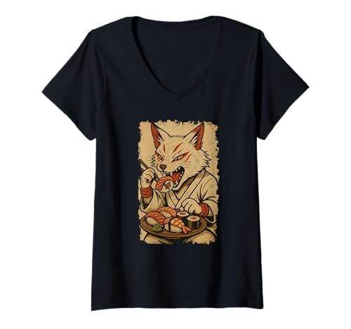 Damen Kitsune Fuchs isst Sushi Japanisches Vintage T-Shirt mit V-Ausschnitt Damen Kitsune Fuchs isst Sushi Japanisches Vintage T-Shirt mit V-Ausschnitt von Kitsune Fuchs Sushi Retro Kawaii Shop