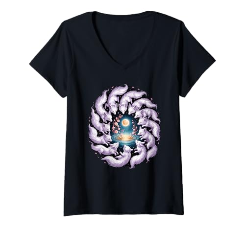 Damen Japanese Art Kitsune Fox Japan T-Shirt mit V-Ausschnitt von Kitsune Mask Japanese Art Gifts