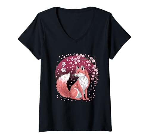 Damen Fox Kitsune Cherry Blossom Night T-Shirt mit V-Ausschnitt Damen Fox Kitsune Cherry Blossom Night T-Shirt mit V-Ausschnitt von Kitsune Sakura Cherry Blossom Aesthetic Japan