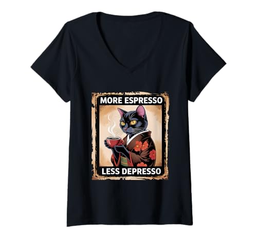 Damen Mehr Espresso Less Depresso Cat Kaffeetrinker T-Shirt mit V-Ausschnitt Damen Mehr Espresso Less Depresso Cat Kaffeetrinker T-Shirt mit V-Ausschnitt von Kitten Coffee Lover Designs