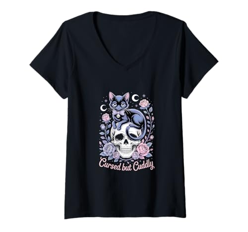 Damen Schwarze Katze Gothic Schädel Pastell Schleife & Rosen T-Shirt mit V-Ausschnitt Damen Schwarze Katze Gothic Schädel Pastell Schleife & Rosen T-Shirt mit V-Ausschnitt von Kitten Floral horror dark witchy aesthetic.