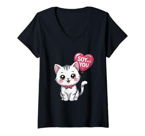 Damen Kawaii Cat Soja Into You Food Pun T-Shirt mit V-Ausschnitt Damen Kawaii Cat Soja Into You Food Pun T-Shirt mit V-Ausschnitt von Kitten Love and Whiskers Art