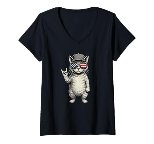 Damen Kätzchen Cat Cap Retro Rock Konzert Patriotic Musik Lover T-Shirt mit V-Ausschnitt von Kitten Lover Rocking Retro Rock Festival Outfit