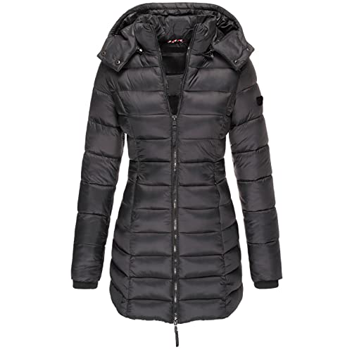 Kittoy Damen Winter Parka Lang Warm Steppmantel Daunenjacke mit Kapuze Einfarbig Warme Wintermantel Trenchcoat Outdoorjacke Winterparka Outdoor Leichte Softshelljacke Taschen, A-Schwarz, S von Kittoy