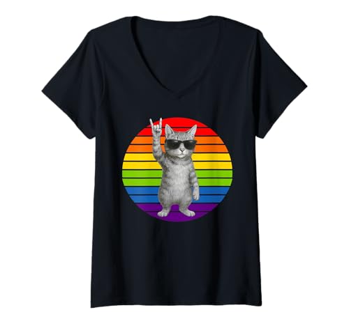 Damen Katzenrock-Scheinwerferlicht im Retro-Look, lustiges Kitty Rockstar Cat rockt Out T-Shirt mit V-Ausschnitt Damen Katzenrock-Scheinwerferlicht im Retro-Look, lustiges Kitty Rockstar Cat rockt Out T-Shirt mit V-Ausschnitt von Kitty Rock For Life