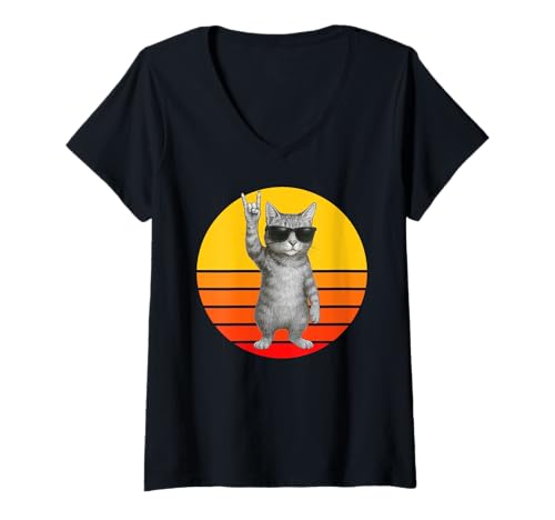 Damen Katzenrock-Scheinwerferlicht im Retro-Look, lustiges Kitty Rockstar Cat rockt Out T-Shirt mit V-Ausschnitt Damen Katzenrock-Scheinwerferlicht im Retro-Look, lustiges Kitty Rockstar Cat rockt Out T-Shirt mit V-Ausschnitt von Kitty Rock For Life