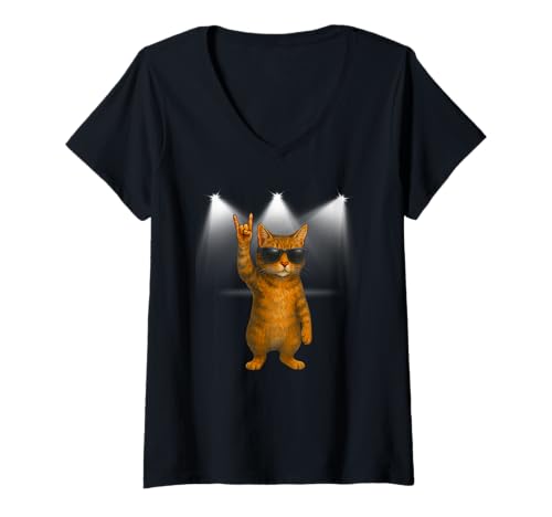 Damen Katzenrock-Scheinwerferlicht im Retro-Look, lustiges Kitty Rockstar Cat rockt Out T-Shirt mit V-Ausschnitt Damen Katzenrock-Scheinwerferlicht im Retro-Look, lustiges Kitty Rockstar Cat rockt Out T-Shirt mit V-Ausschnitt von Kitty Rock For Life