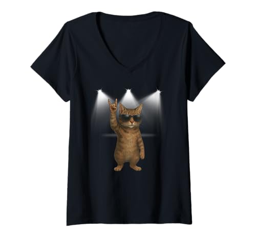 Damen Katzenrock-Scheinwerferlicht im Retro-Look, lustiges Kitty Rockstar Cat rockt Out T-Shirt mit V-Ausschnitt Damen Katzenrock-Scheinwerferlicht im Retro-Look, lustiges Kitty Rockstar Cat rockt Out T-Shirt mit V-Ausschnitt von Kitty Rock For Life