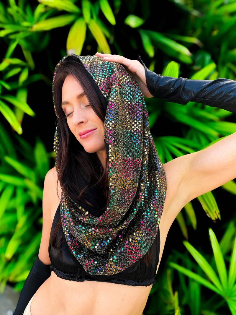 Golden Aurora Rave Haube/ Regenbogen Schal/ Multicolor Pailletten Punkt Festival Brennender Mann Golden Aurora Rave Haube/ Regenbogen Schal/ Multicolor Pailletten Punkt Festival Brennender Mann von KittyKittyCouture