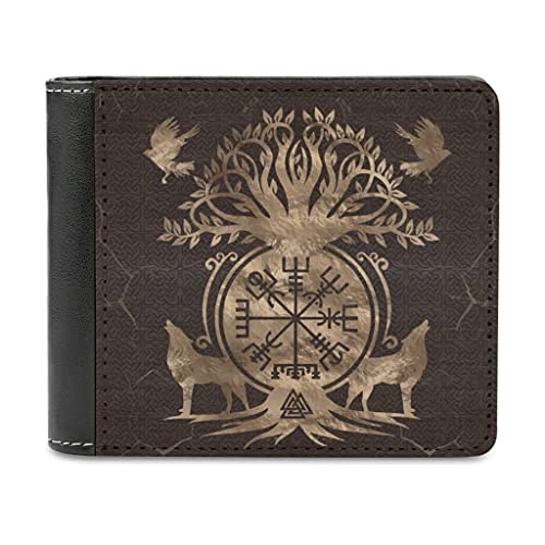 Herren Geldbörse aus Leder Portemonnaie Wikinger Vegvisir Kompass Baum Wolf Mode Geldbeutel Brieftasche Kreditkarten Halter Geldclip für Männer White One Size von KittyliNO5