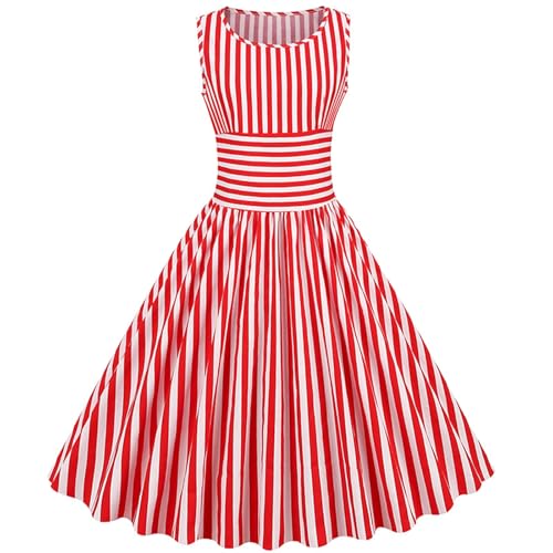 Damen gestreift Patchwork Vintage Swing Kleid Midi ärmellos Retro A-Linien Kleid Prom Party Temperament Rock(XXL) von Kitvernal