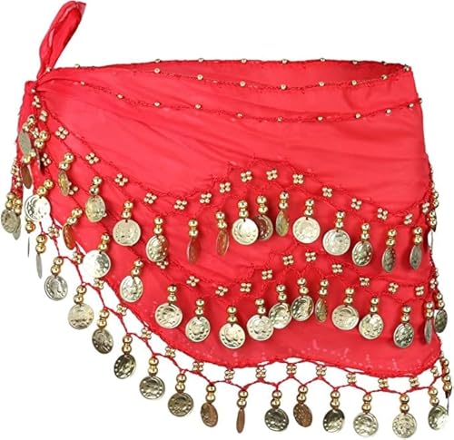 Damen Bauchtanz Gürtel,Chiffon Hüfttuch,Bauchtanz Hüfttuch,Belly Dance Hüfttuch Gürtel Belly Dance Karneval Kostüm Hip Scarf Wrap Bauchtanz Kostüm Münzgürtel Sequins Gürtel (Rot) von Kiuiom