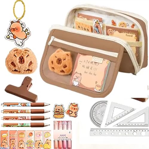 Kiuiom Multi Layer Bleistift Organisator Aufbewahrungsbeutel,Capybara Federmäppchen,Süßes Mäppchen Geschenkset,Niedlich Capybara Schreibwaren Set mit Stiften Clips Linealen und Mehr von Kiuiom