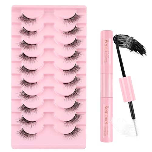 Kiusatig 10 Paar Künstliche Halbe Wimpern Cat Eye Lashes Set mit Wimpernkleber Dauerhaft Lash Kleber Entferner Remover Falsche Wimpern Natürlicher Look Fake Lashes half lashes(H-076) von Kiusatig