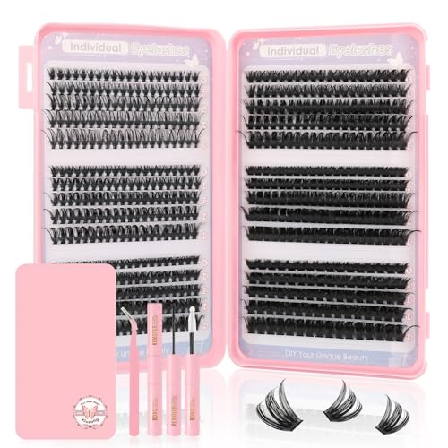 Kiusatig Wimpern Extensions Set 580 Stück Lashes Cluster Set Mit Kleber Entferner und Applikator Lash Extension Set 60D 80D 100D Cluster Lashes Set 10-16mm Einzelne Wimpern Wimpernverlängerung von Kiusatig