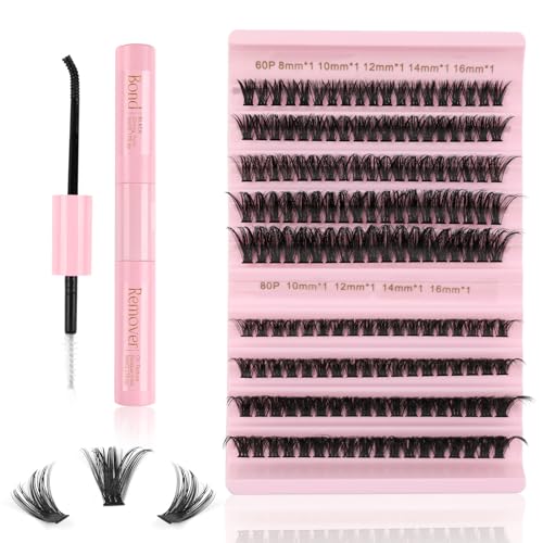 Kiusatig Künstliche Wimpern Extensions Set 167 PCS Cluster Lashes Extension Set mit Wimpernkleber Dauerhaft und Lash Kleber Entferner 8-16mm Natürliche Wimpern Einzeln Wimpernverlängerung(60D+80D) von Kiusatig