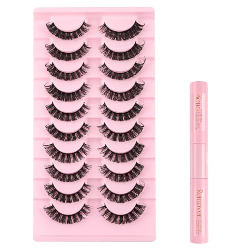 Kiusatig Künstliche Wimpern mit Wimpernkleber Dauerhaft Lash Kleber Entferner Remover D Curl Fake Lashes 10 Paar Falsche Wimpern Natürlich Russian Strip Curly Cat Eye Lashes Fluffy Volumen(SJ23) von Kiusatig