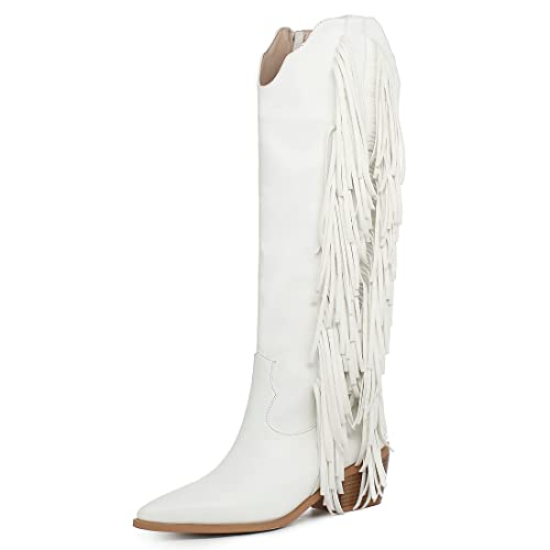 KiutSymo Cowgirl Fransenstiefel für Damen, weiße Quasten, Cowboy-Stiefel, kniehoch, spitzer Zehenbereich, Westernstiefel, Weiss/opulenter Garten, 39 EU von KiutSymo