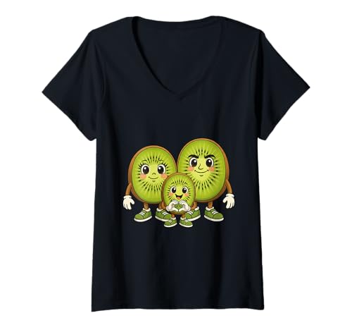 Damen Kiwi mit Herz und Familie | Süße Kiwi-Frucht mit Mama & Papa T-Shirt mit V-Ausschnitt von Kiwi Designer Designs