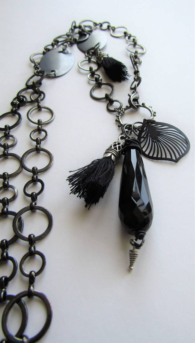 Groß Gliederkette Halskette Mit Schwarzer Onyx Anhänger, Großer Verstellbare Halskette, Schwarze Kette, Quaste von Kiwico