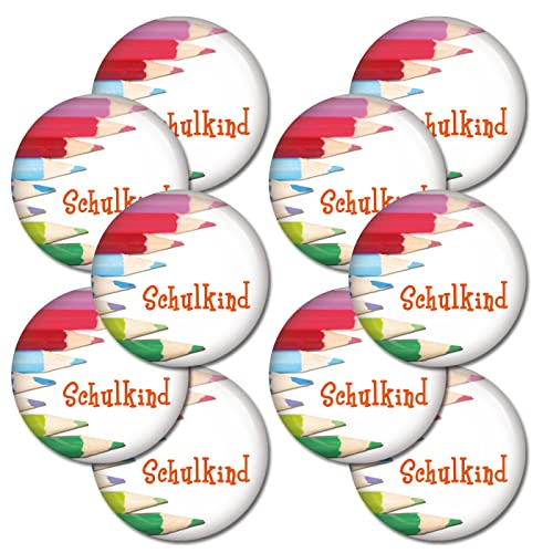 Kiwikatze 3|5|10 oder EINZELN Button Schulkind Buntstifte Ansteckbutton zum Schulanfang Schule Einschulung Junge Geschenk Schulstart Kalender Countdown (10x Buntstifte Schulkind, 37 mm) von Kiwikatze