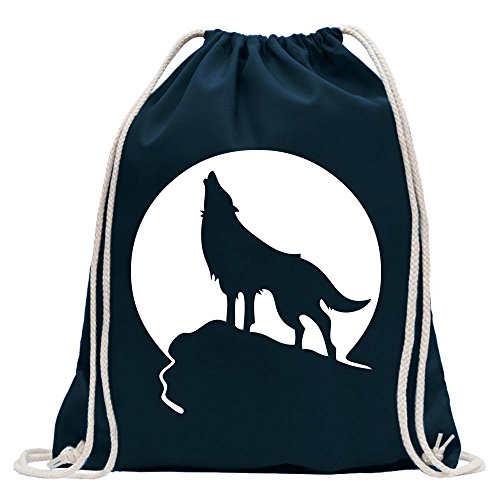 Kiwistar - Turnbeutel - dunkelblau - Heulender Wolf vor Mond - Fun Rucksack Sport Beutel Gymsack Baumwolle mit Ziehgurt von Kiwistar