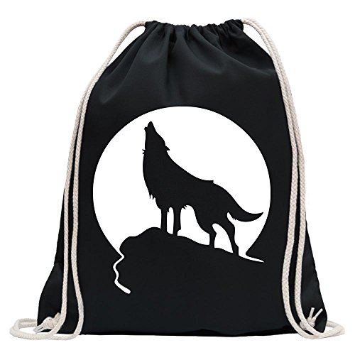 Kiwistar - Turnbeutel - schwarz - Heulender Wolf vor Mond - Fun Rucksack Sport Beutel Gymsack Baumwolle mit Ziehgurt von Kiwistar